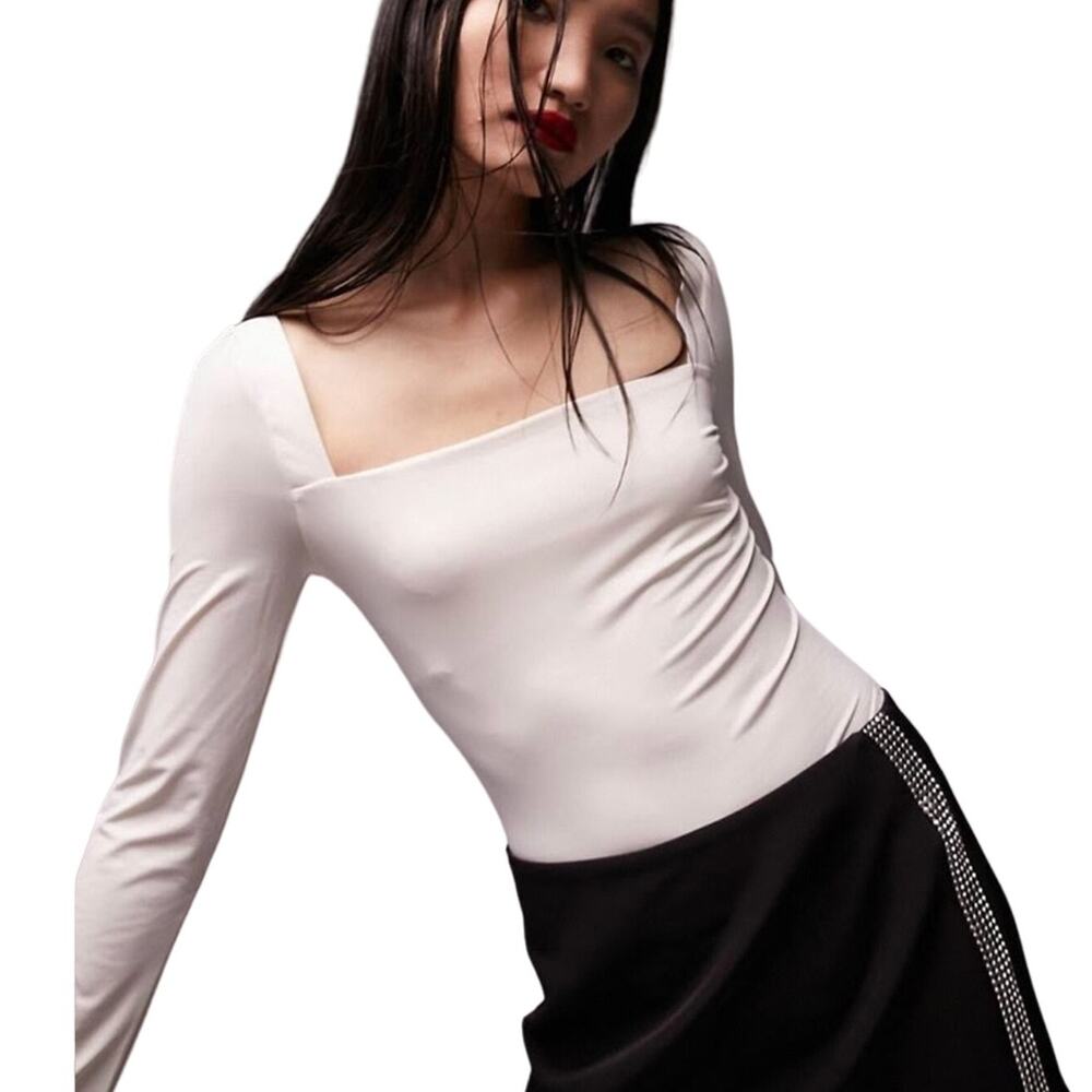 Topshop Bodysuit Long Sleeve Square Neck Stretch Tie Snap Women's Ivory 12 NWOT